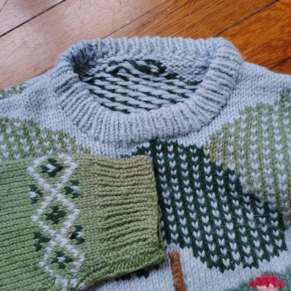 90s Vintage Handmade Wool Sweater Garden Farm Scene Handknit Medium Large - Picture 3 of 7